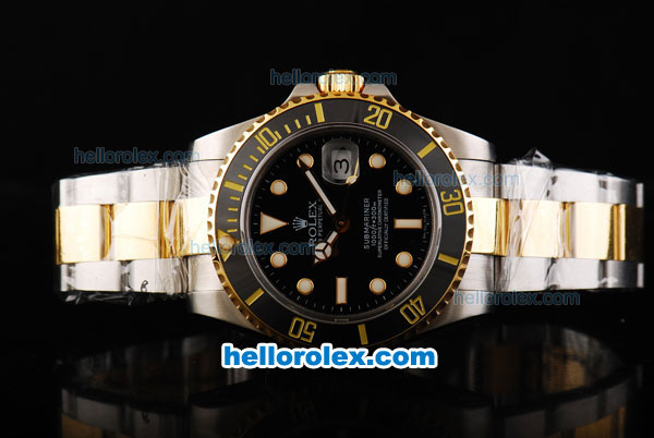 Rolex Submariner Swiss ETA 3135 Automatic Movement Two Tone with Gold/Black Bezel and Black Dial - Click Image to Close